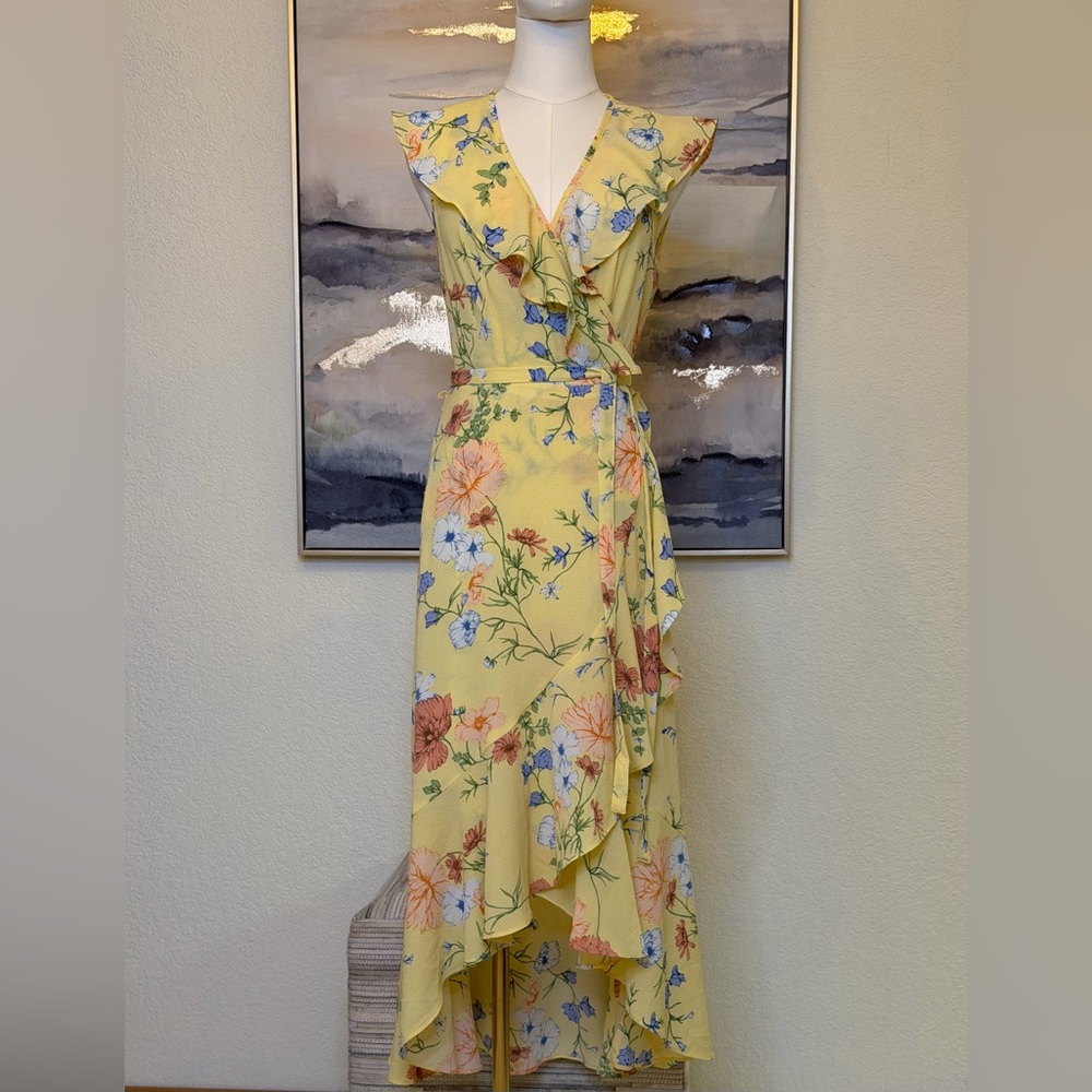 NWT Donna Morgan Floral Ruffle Wrap Waterfall Hem Dress